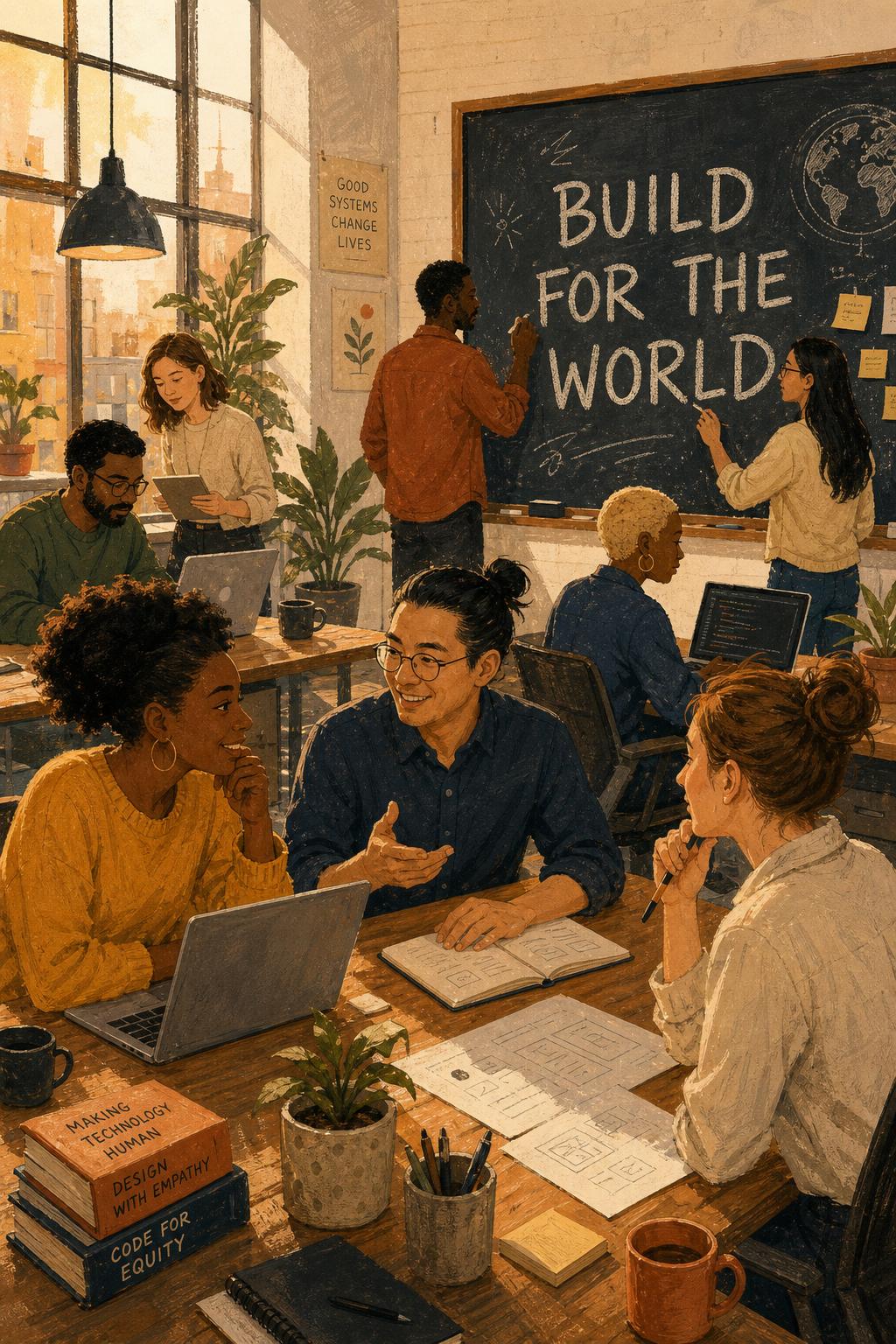 Diverse team of engineers and designers collaborating in a sunlit workspace, with 'Build for the world' written on a whiteboard